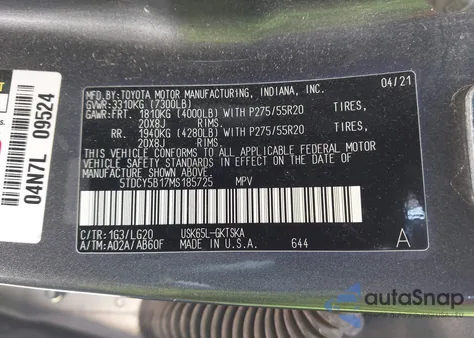 2021 Toyota Sequoia Trd Sport из США, поврежденный, VIN 5TDCY5B17MS185725